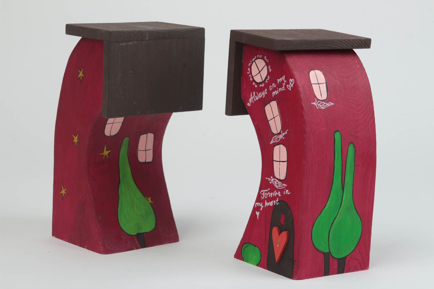 Деревянные фигурки домики набор из 2 изделий красные красивые ручной работы фото 2