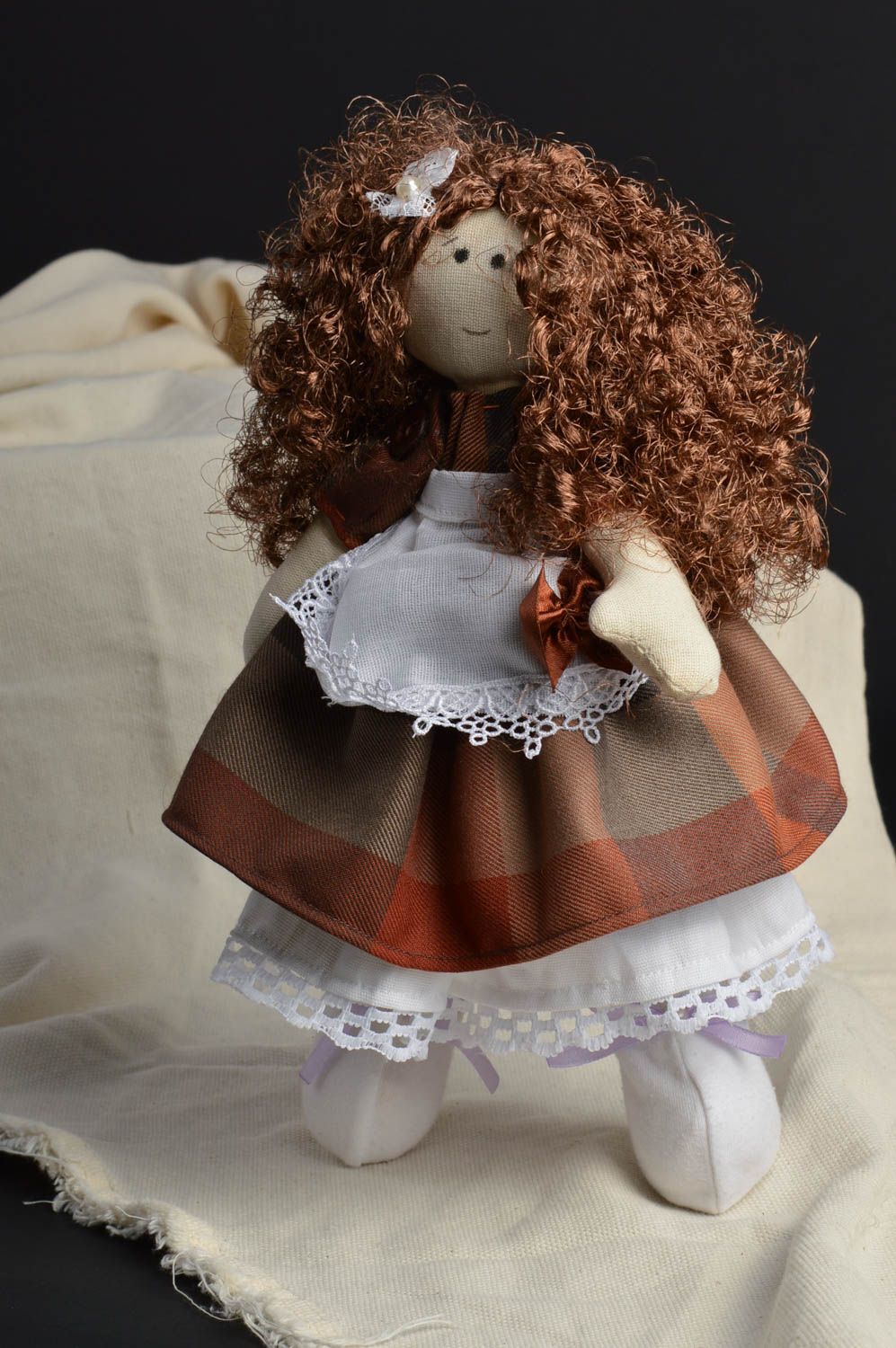Handmade designer interior fabric soft doll little girl in brown and white dress photo 1
