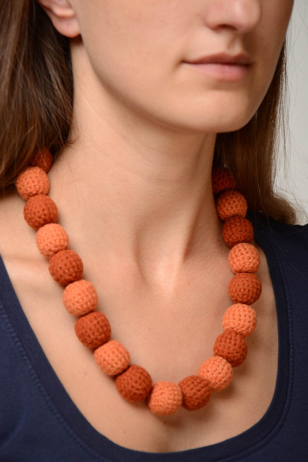 Handmade women's massive brown crochet ball necklace designer jewelry photo 1