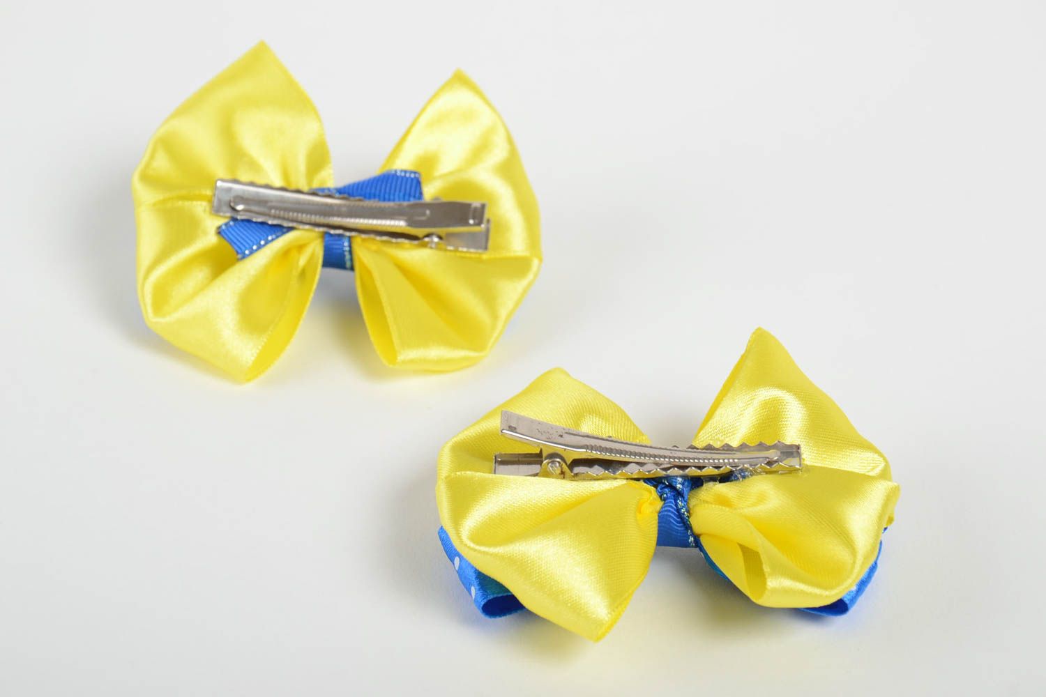 Set of 2 handmade satin ribbon bow hair clips fashion kids children hair bow photo 3