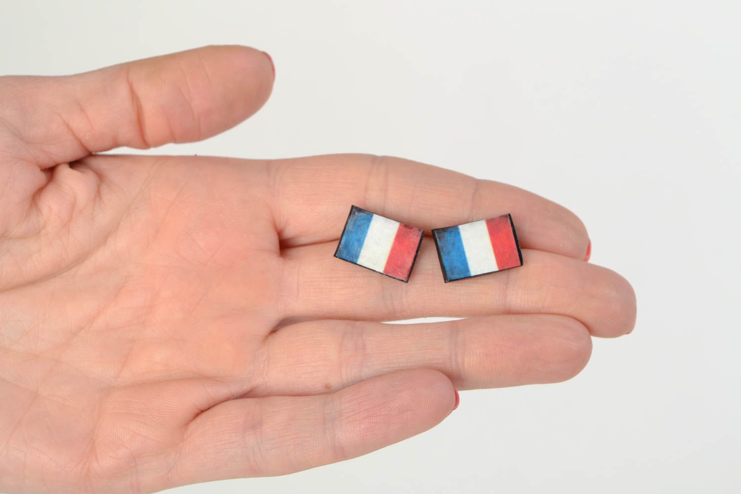 Handmade bright decoupage plastic stud earrings Flag of France photo 2