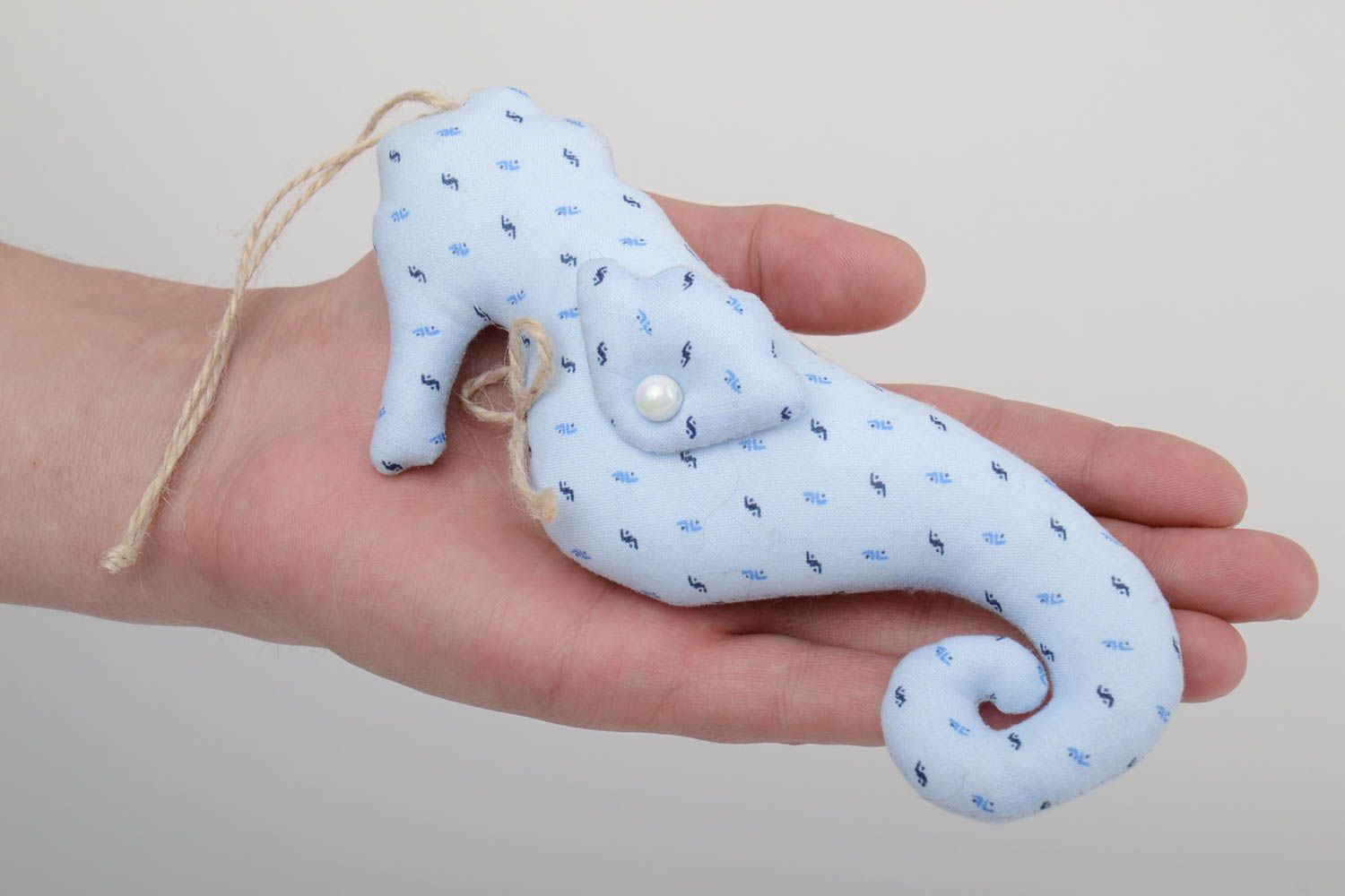 Handmade decorative wall hanging soft toy sea horse sewn of blue cotton fabric photo 5