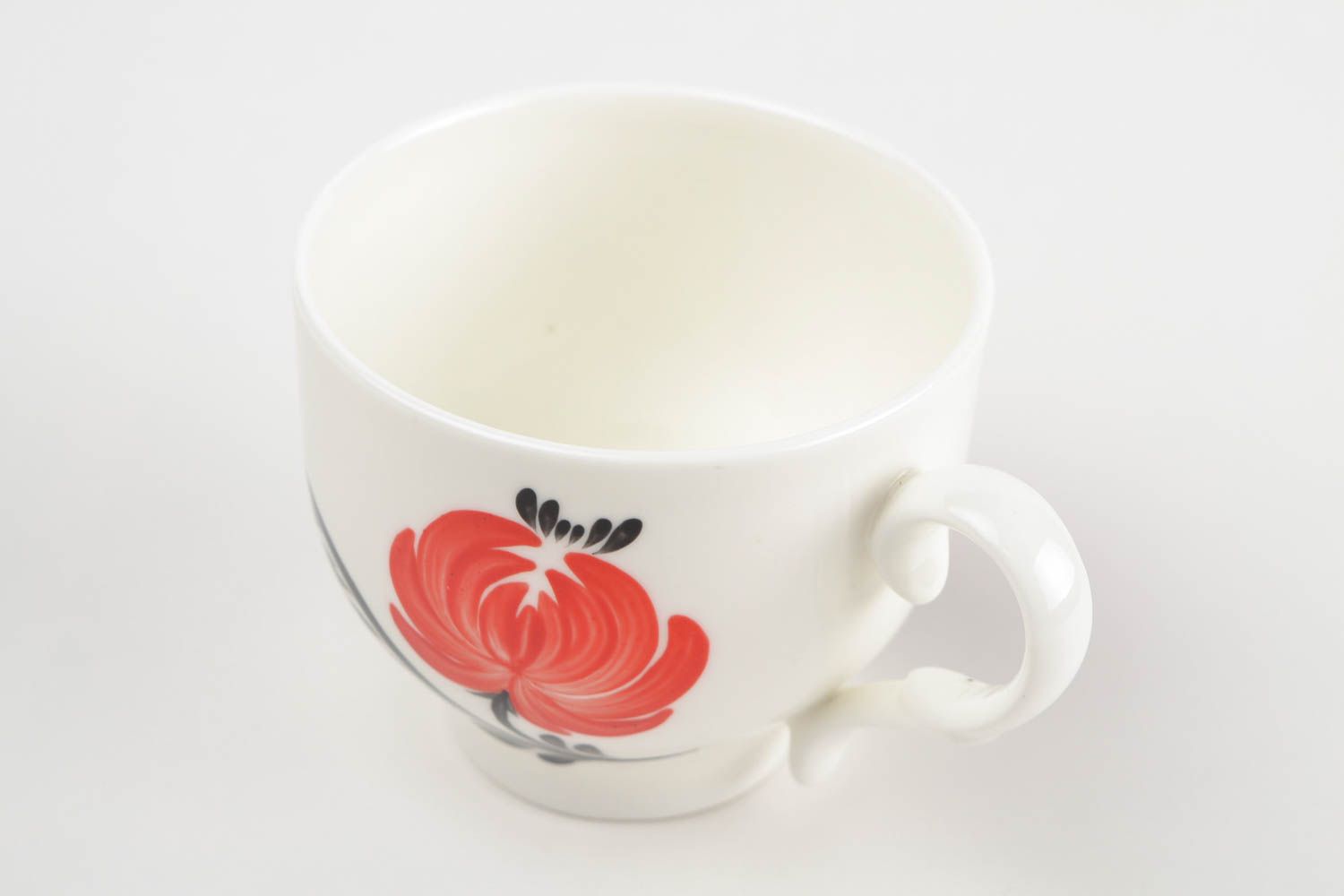 Porcelain white5 oz tea cup with handle and black, red floral pattern in Chinese style photo 4