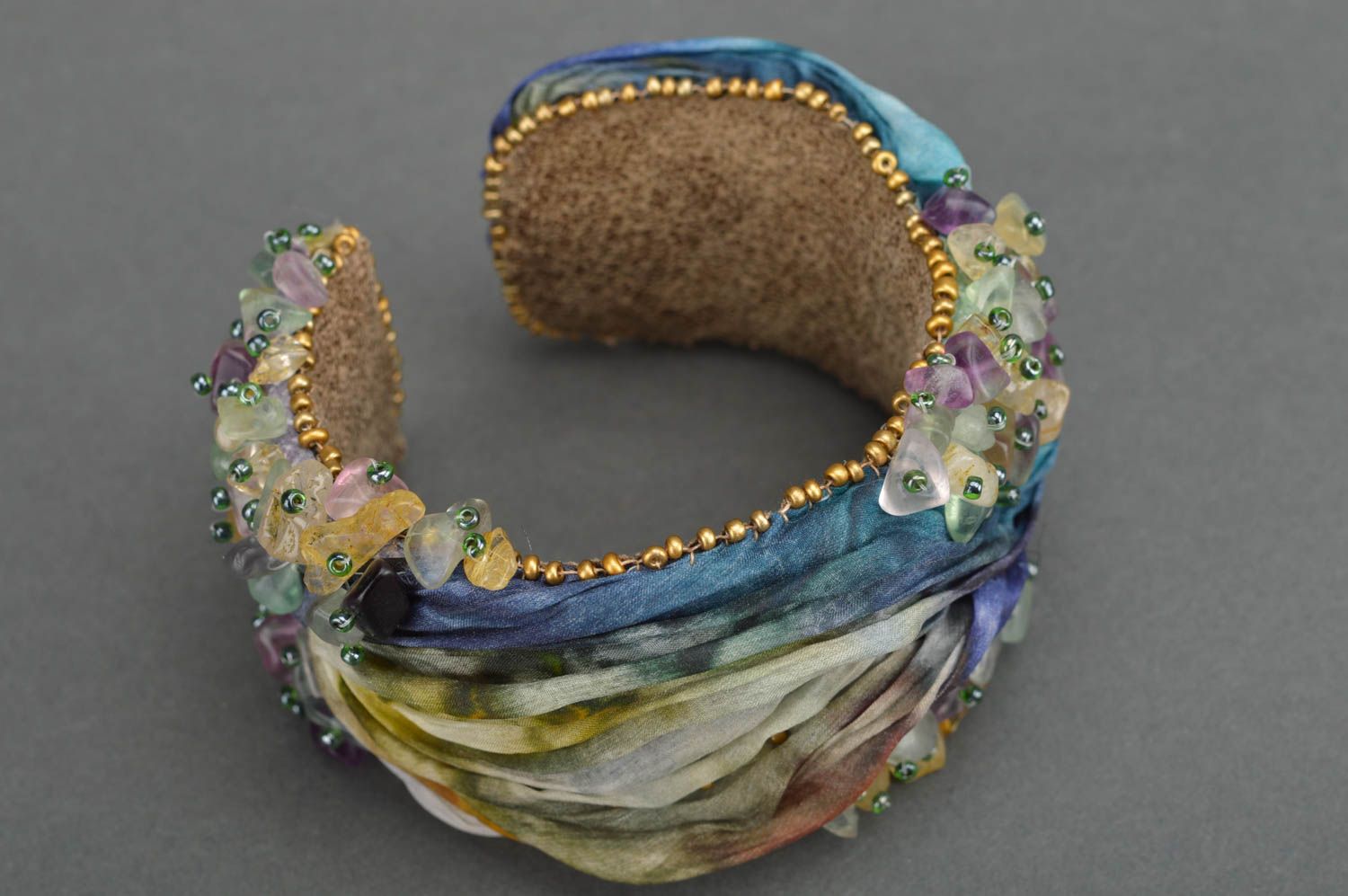Fabric stylish beaded wide handmade bracelet designer decorative accessory photo 5