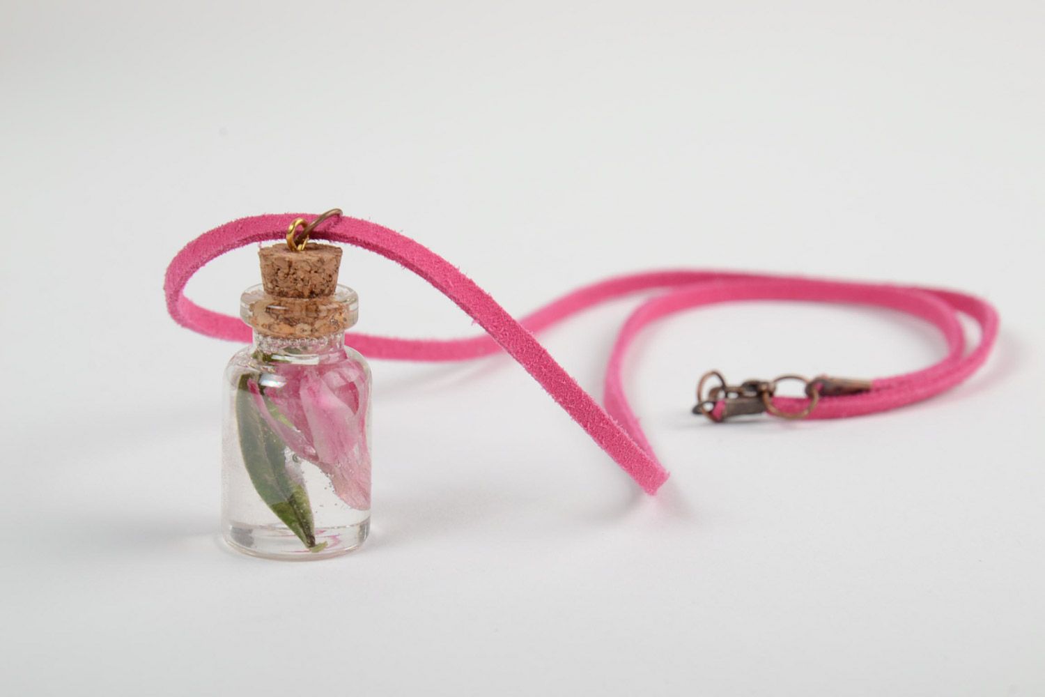 Handmade neck pendant with real flowers coated with epoxy resin in the shape of vial photo 4