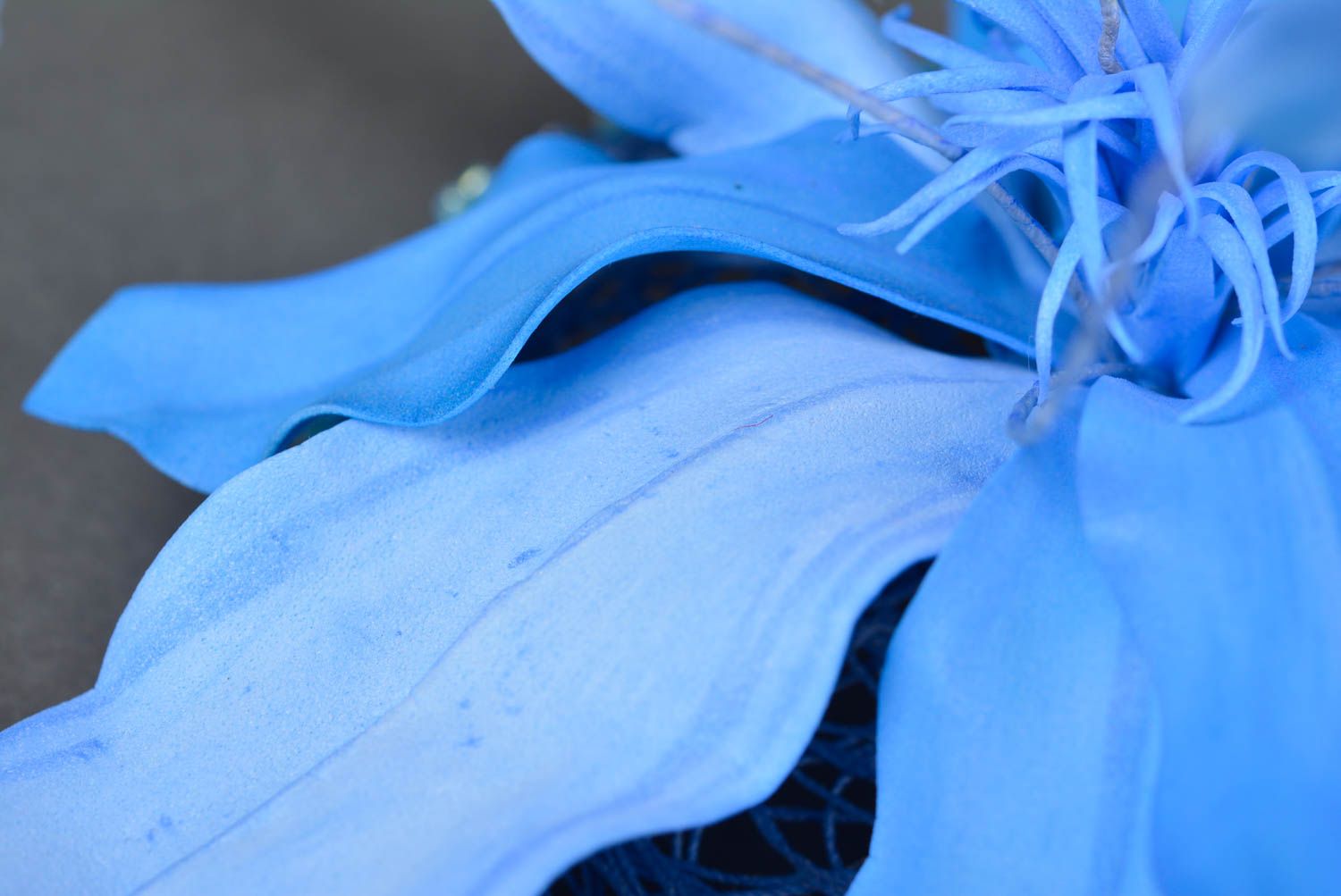 Unusual stylish handmade designer hair clip with blue foamiran flower photo 5