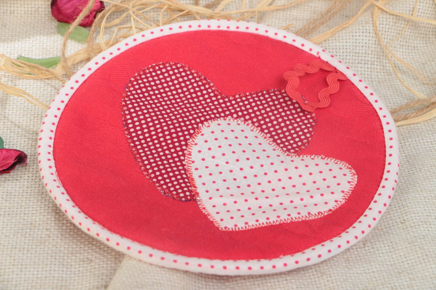 Red polka dot handmade cotton fabric pot holder with hearts photo 1