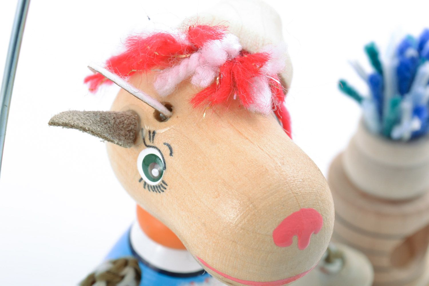 Handmade decorative wooden funny eco-friendly toy goat on the bench gift for baby photo 3