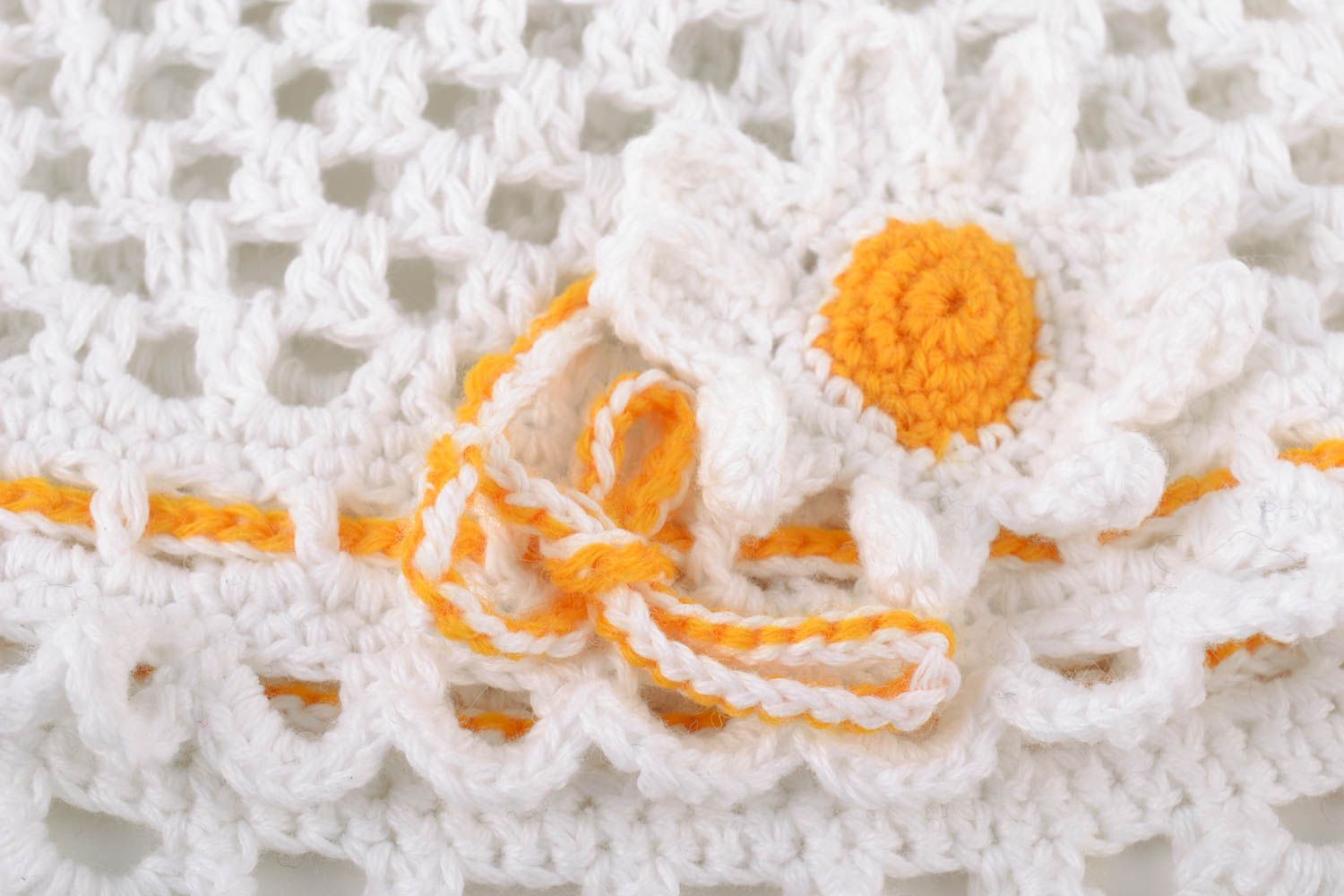Handmade white lacy hat crocheted of cotton threads with chamomile for baby girl photo 2
