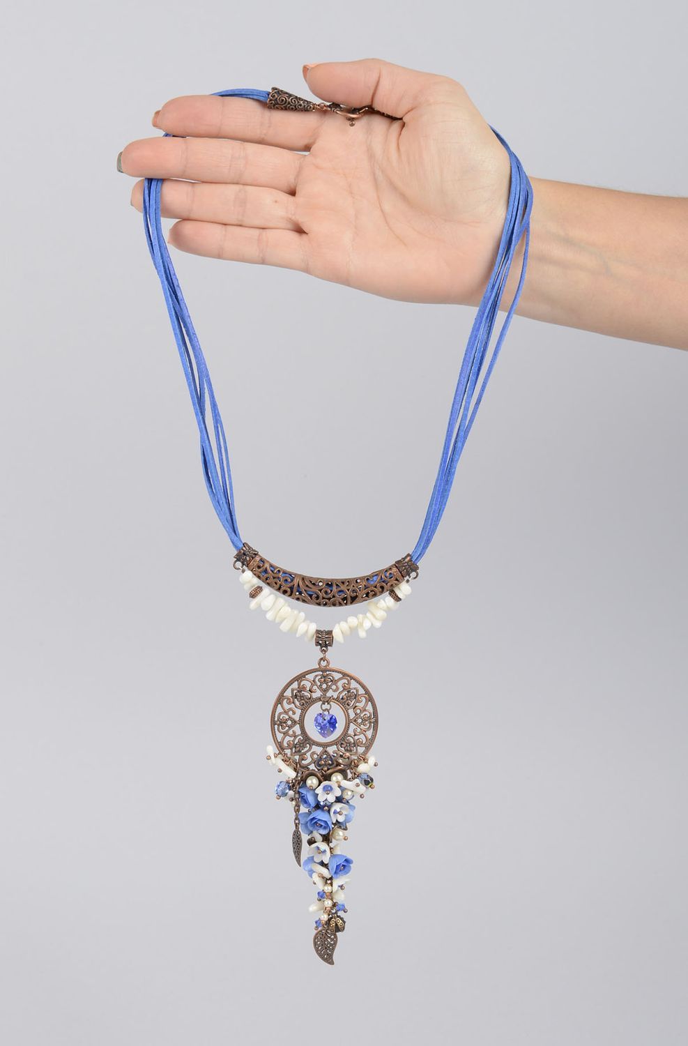 Collier pendentif Bijou fait main bleu métal corail pâte polymère Cadeau femme photo 4
