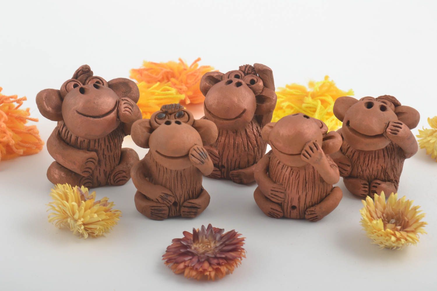 Set of 5 handmade ceramic figurines monkey statuettes sculpture art gift ideas photo 1