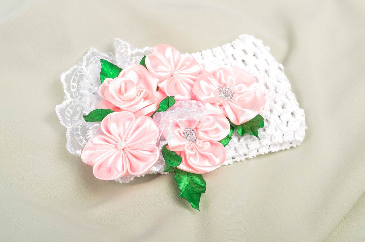 Handmade Haarband mit Blumen Mädchen Haarschmuck Mode Accessoire weiß rosa foto 1