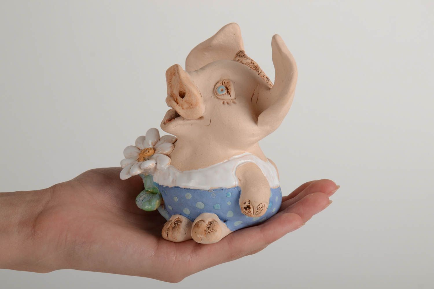 Small handmade collectible clay statuette painted with enamels Pig photo 5