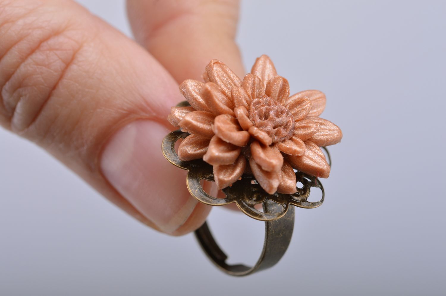 Tender beautiful handmade ring with flower molded of polymer clay for women photo 4