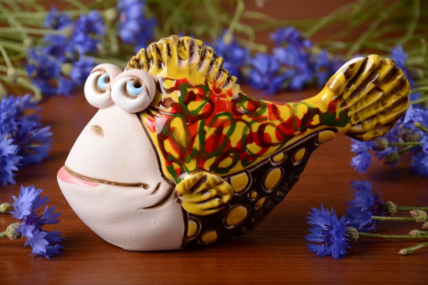 Small handmade semi porcelain money box painted with pigments colorful Fish photo 1
