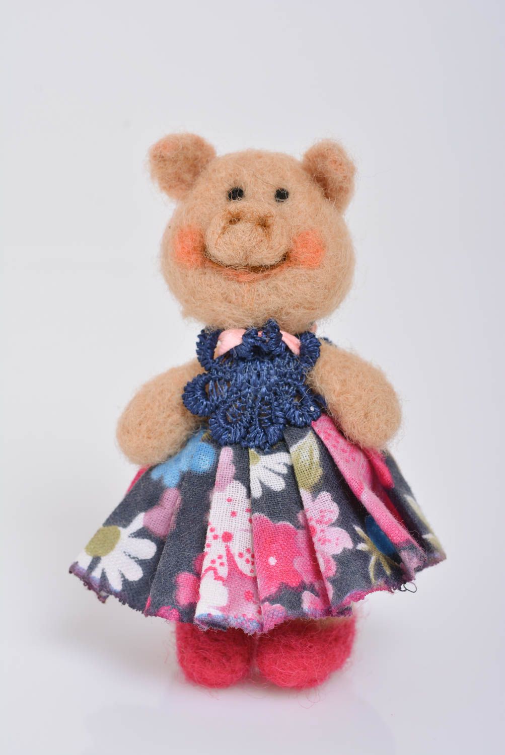 Nice handmade designer felted wool brooch Pig in Dress bright accessory photo 1