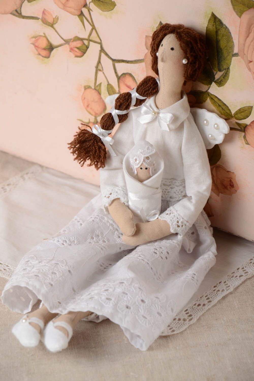 Авторская тканевая кукла из хлопка хэнд мэйд мягкая игрушка Ангел в белом фото 1