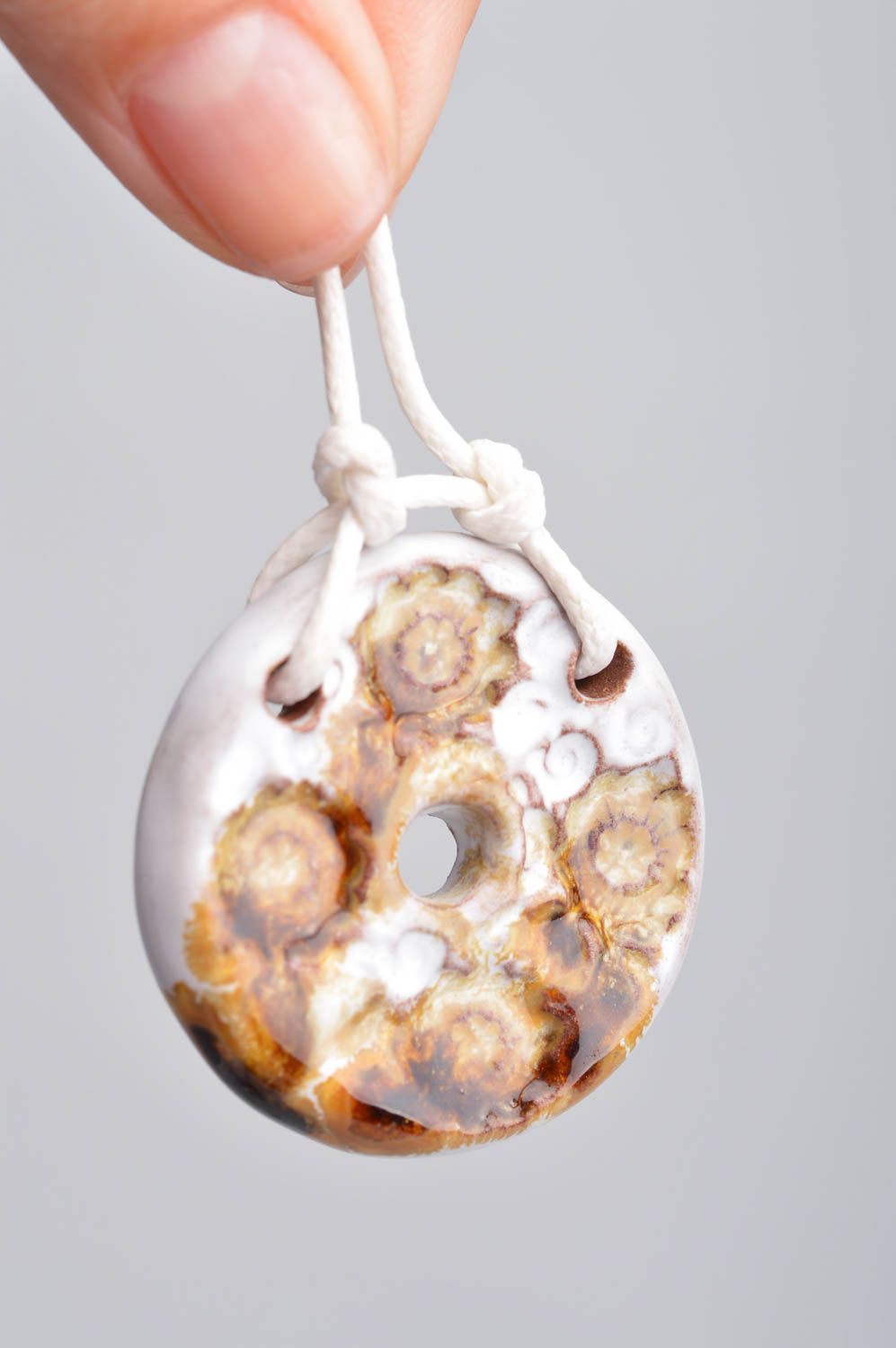Beautiful handmade designer round shaped glazed clay neck pendant on cord photo 3