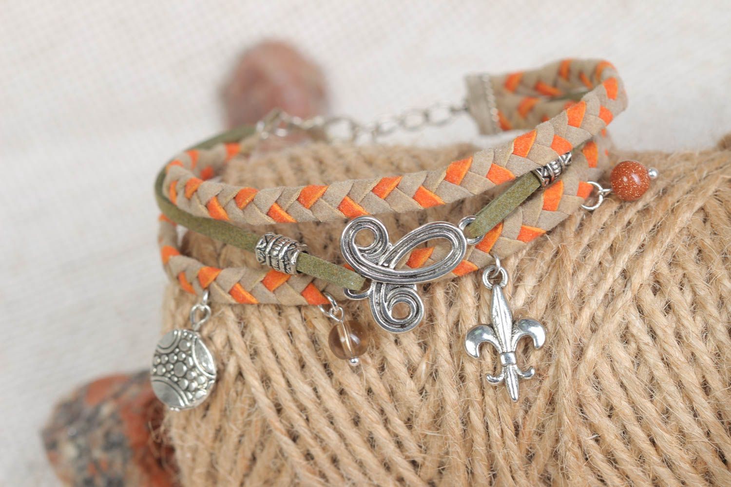 Handmade braided leather bracelet with metal charms fashion jewelry gift ideas photo 1