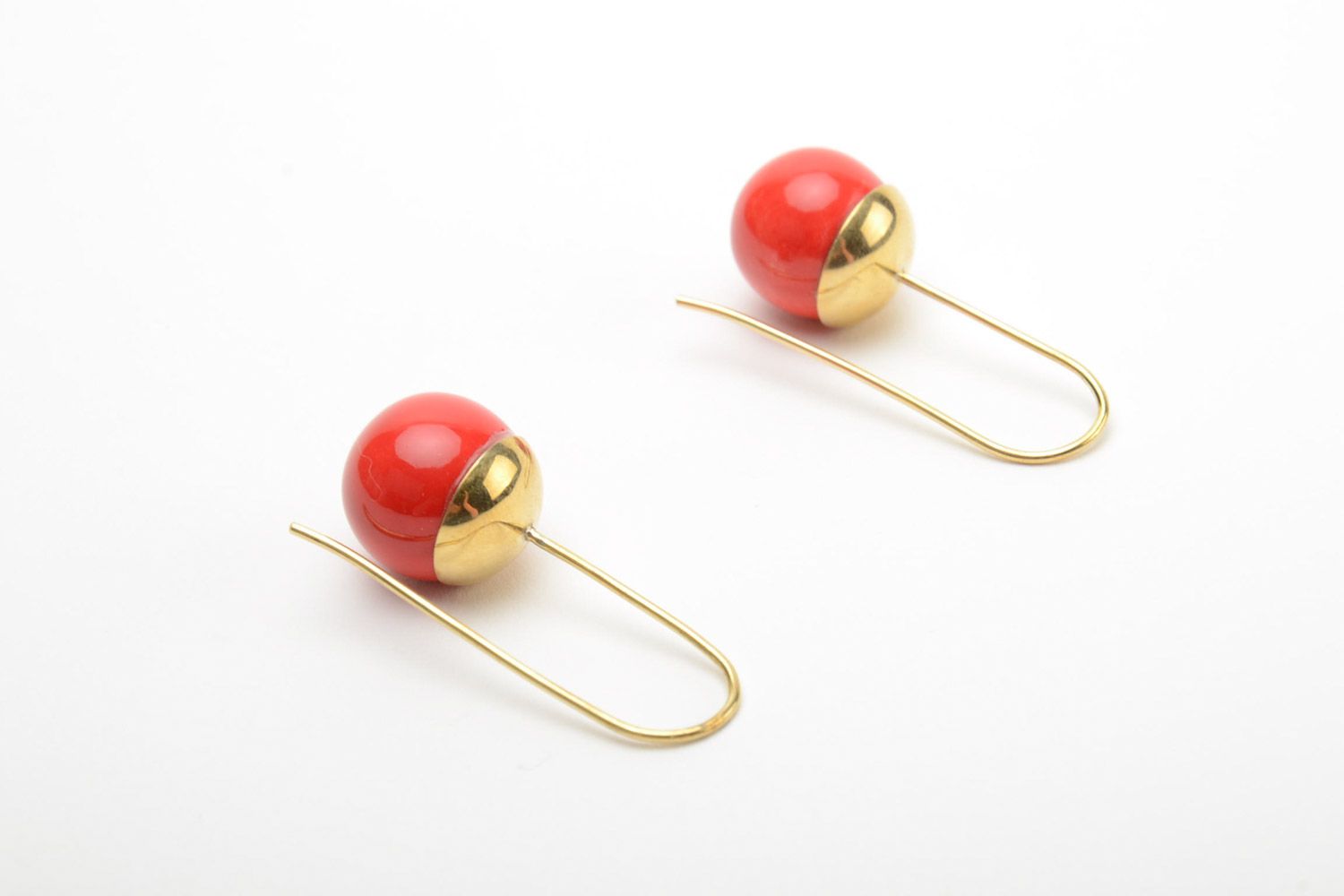 Handmade red ceramic earrings with brass frame and long ear wires photo 3