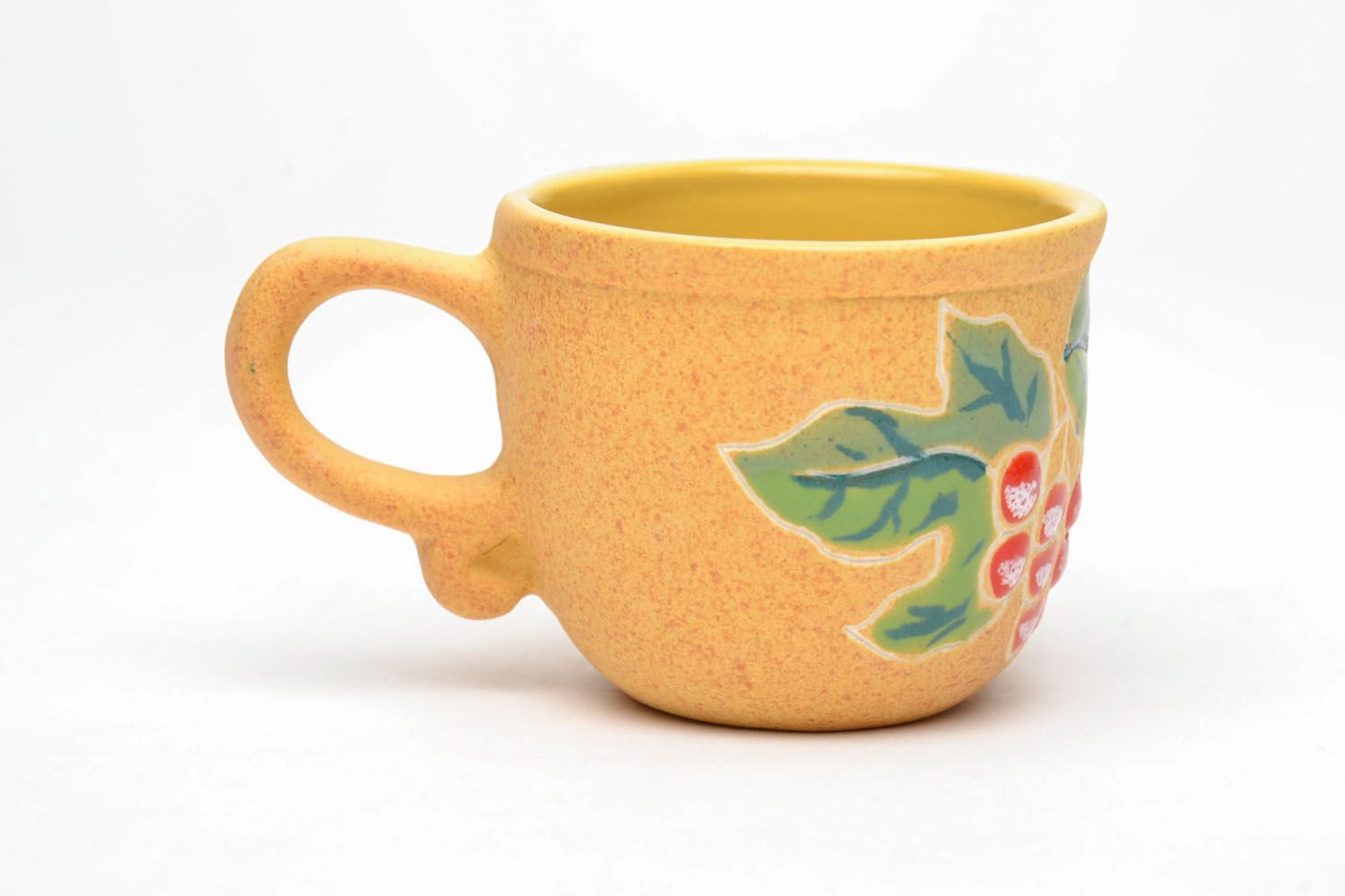 Small floral pattern 3 oz clay cup in yellow color with handle photo 4
