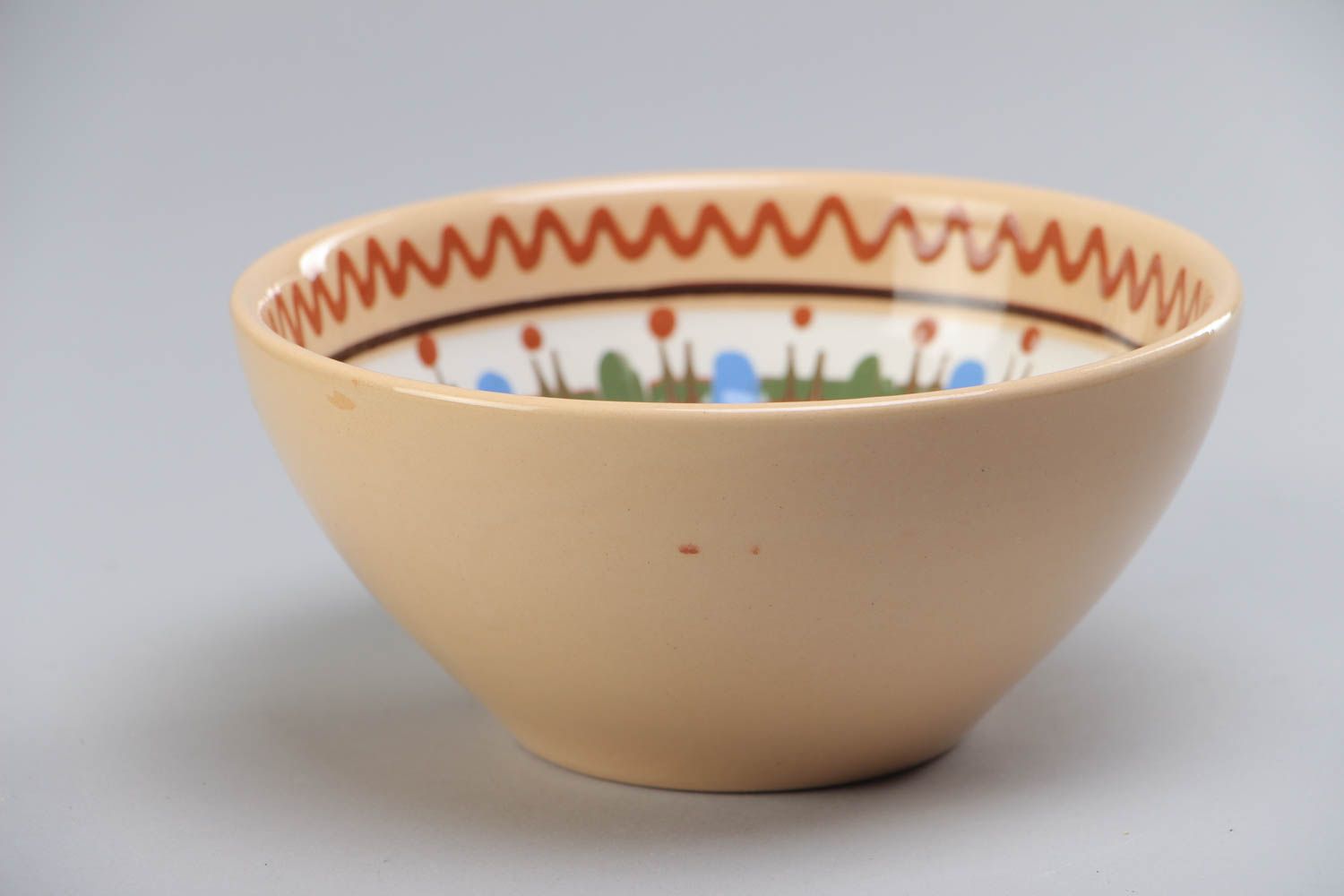 Light handmade clay deep bowl with colorful painting 400 ml photo 2