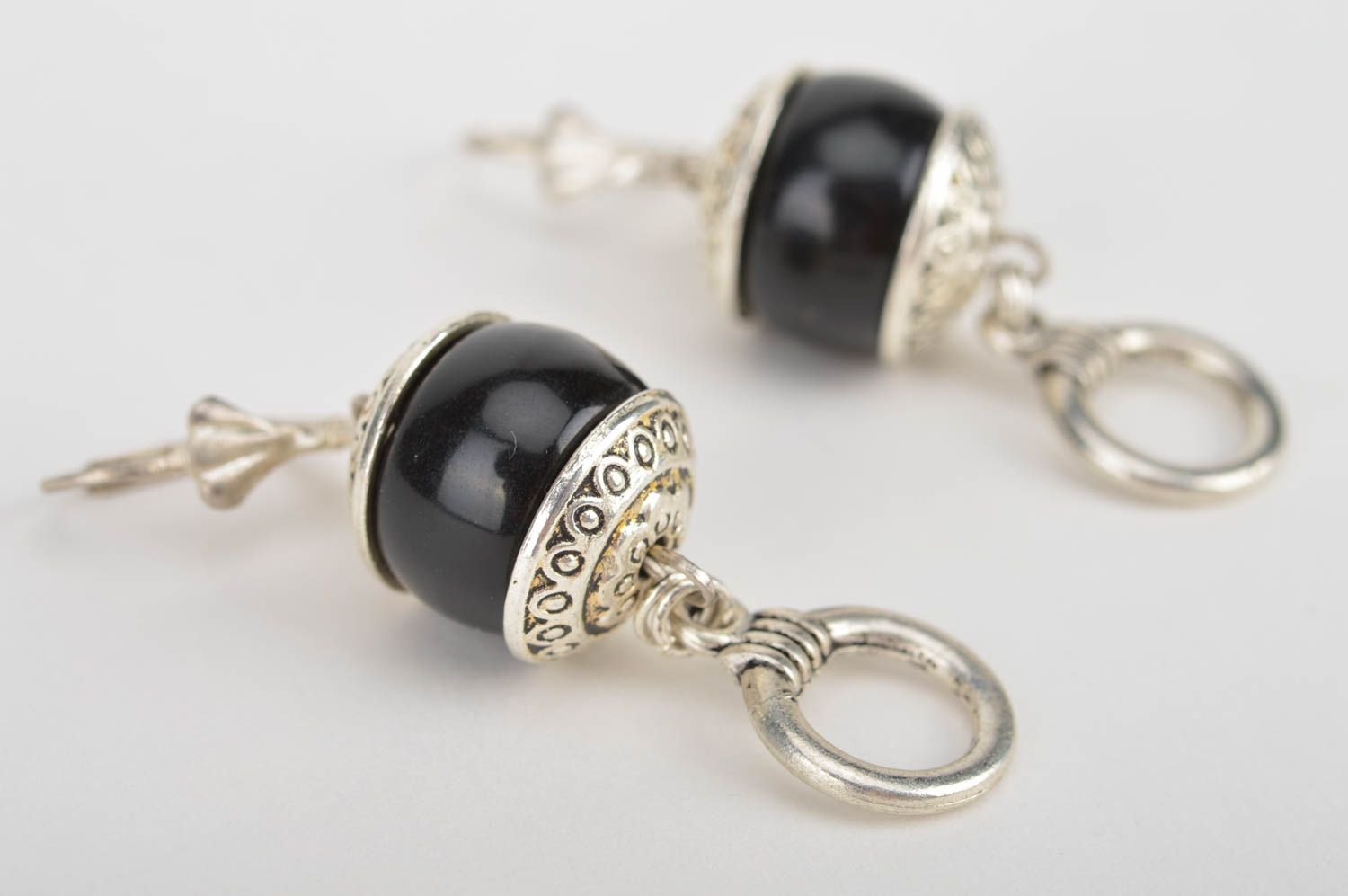 Handmade silver colored metal dangle earrings with black beads in ethnic style photo 5