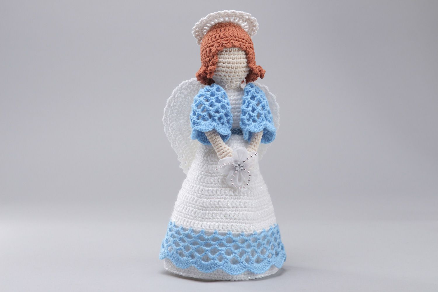 Handmade soft toy angel crocheted of white and blue cotton and acrylic threads photo 1