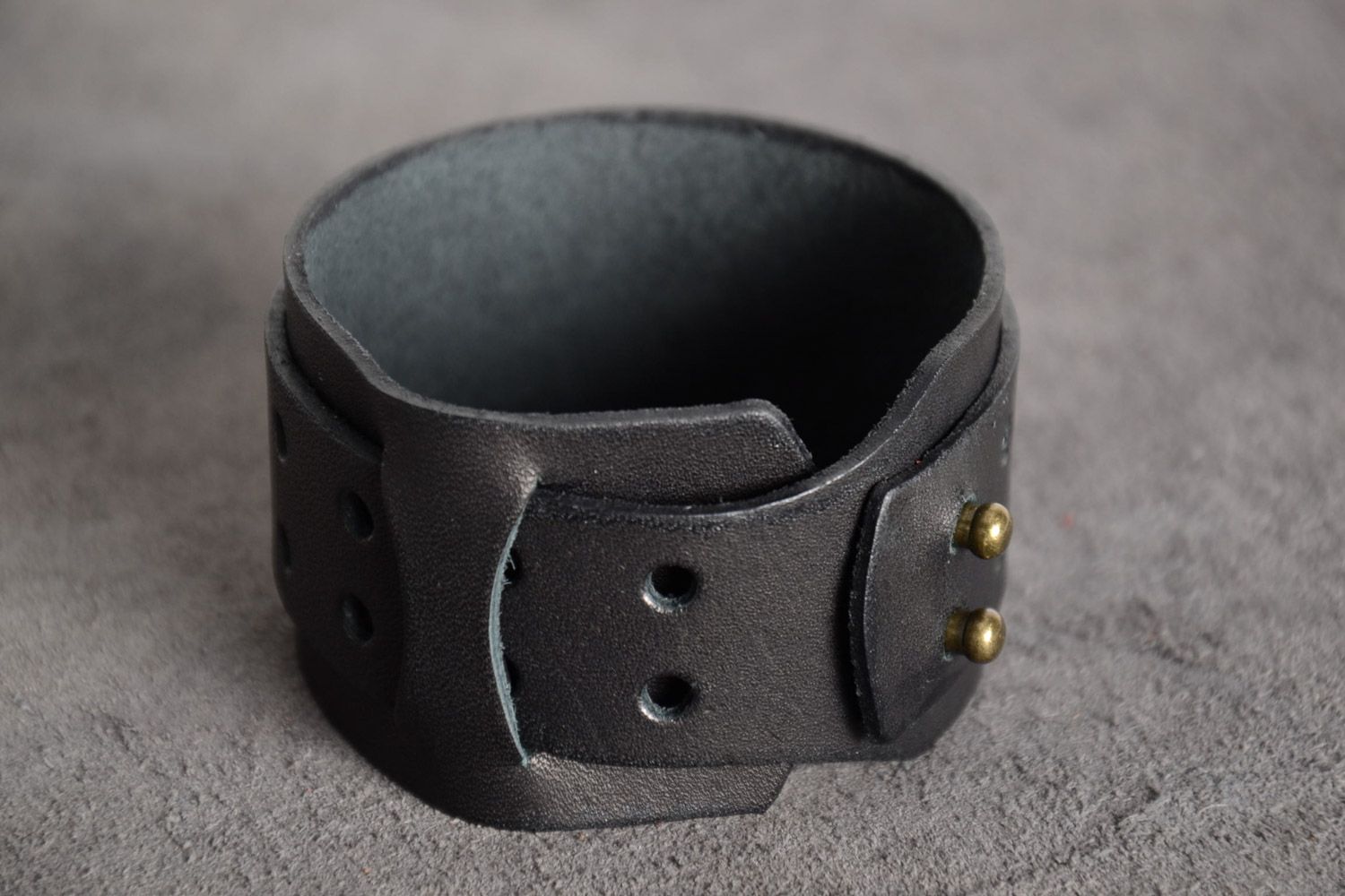Unisex handmade black genuine leather wide bracelet photo 1