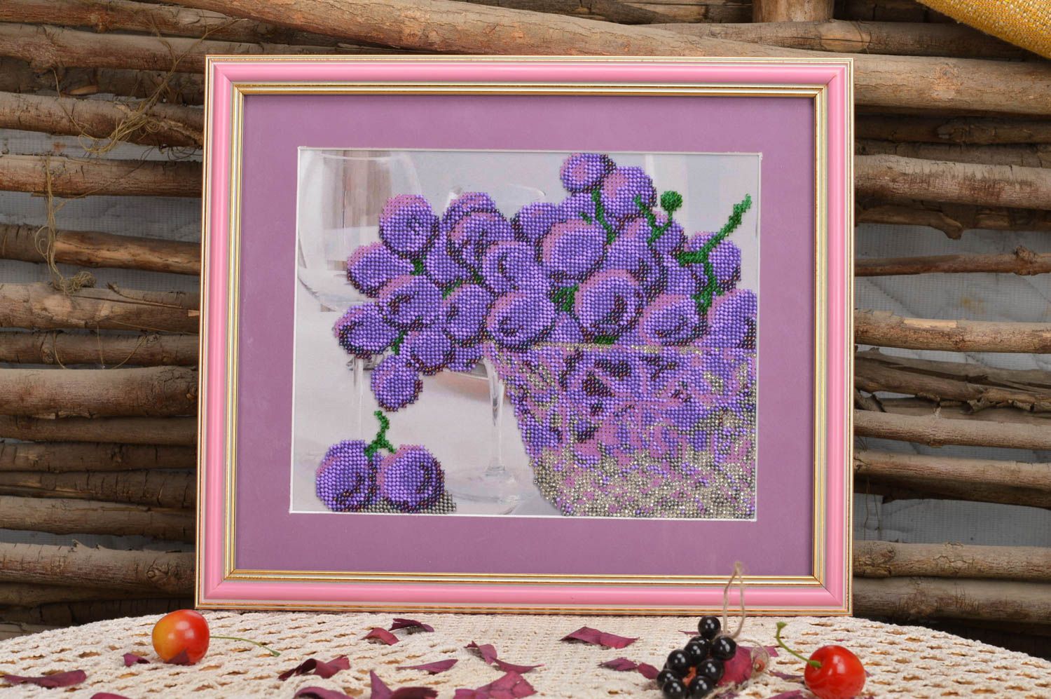 Handmade designer picture embroidered with beads in frame under glass Grapes photo 1