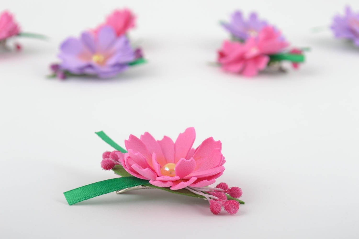 Beautiful handmade fabric hair clip textile barrette foamiran flowers in hair  photo 1
