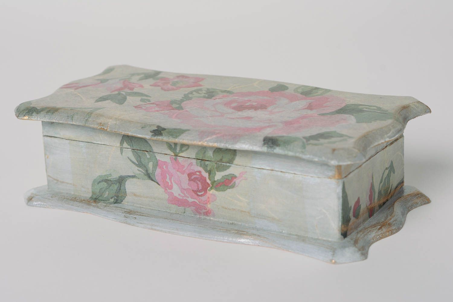 Coffret rectangulaire en bois à bijoux serviettage fait main Roses vintages photo 1