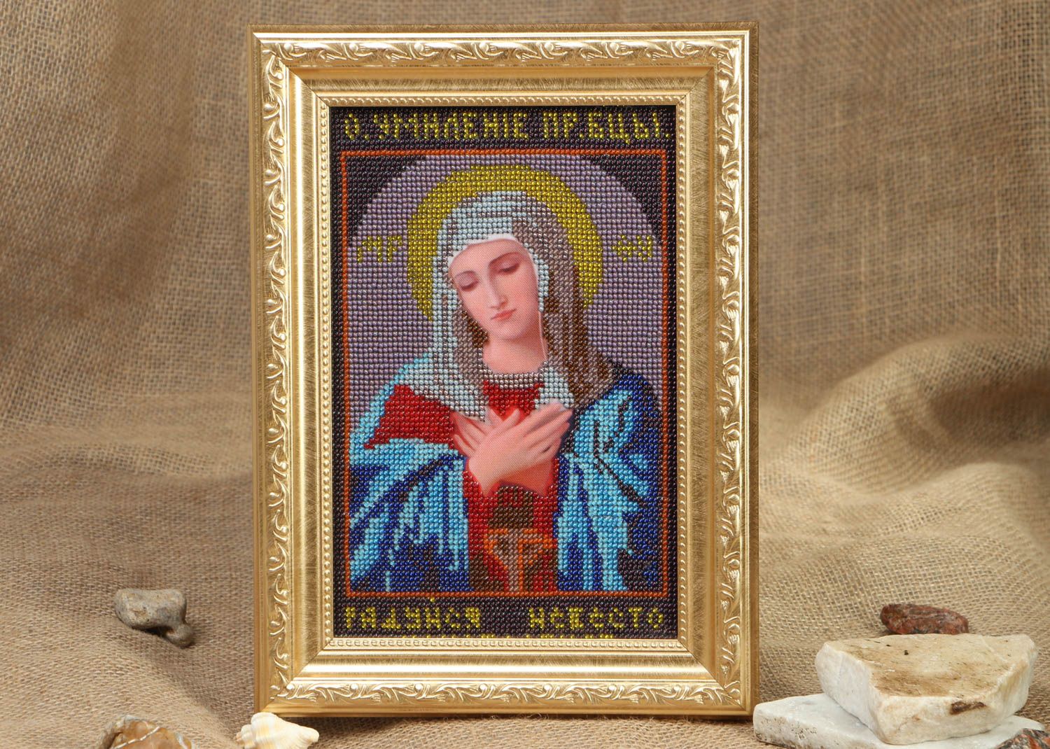 Bead embroidered icon The Virgin Mary of Tenderness photo 5
