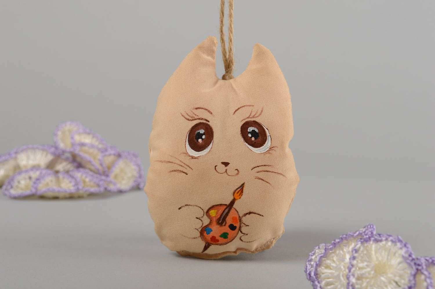 Kuscheltier Katze handmade Textil Spielzeug Deko Anhänger Designer Geschenk hell foto 1