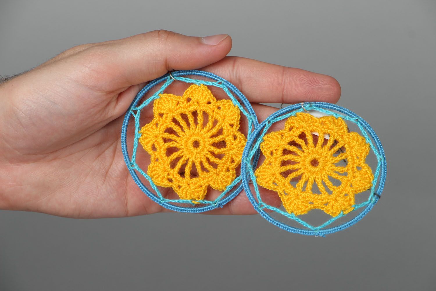 Lacy crochet earrings Yellow and blue photo 3