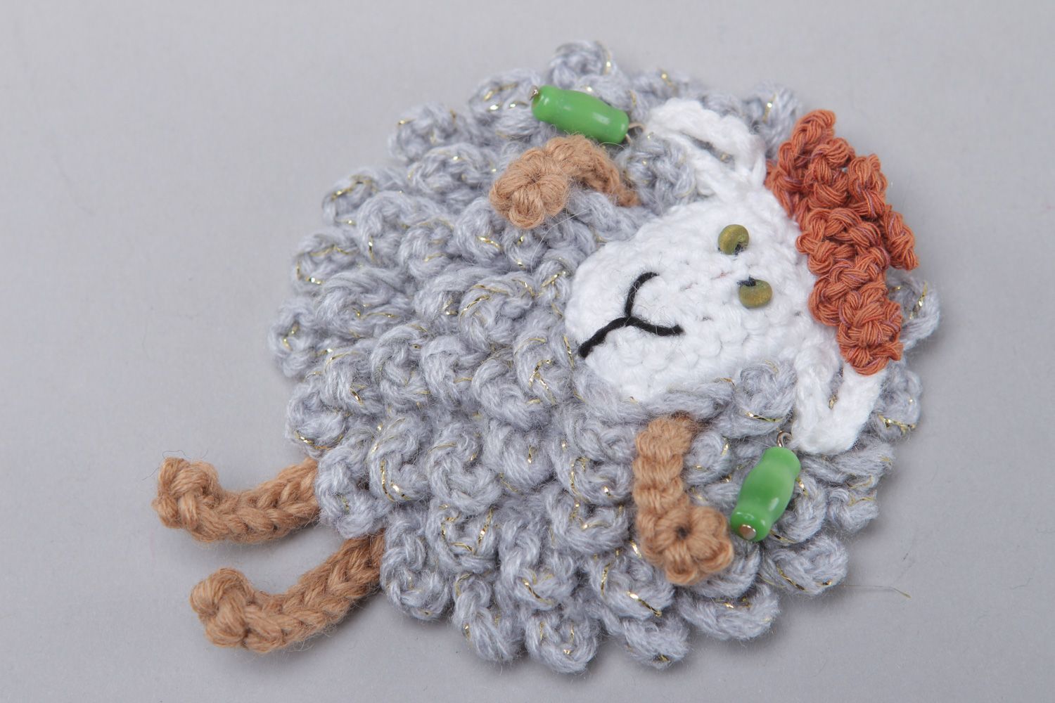 Handmade decorative fridge magnet crochet of wool and cotton Gray Lamb photo 1