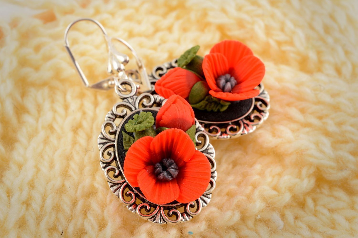 Mohnblumen Ohrringe aus Polymer Ton mit Anhängern in Rot handmade Geschenk  foto 1