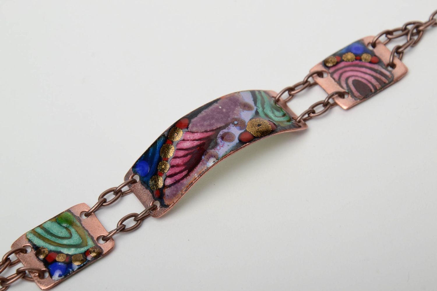 Copper bracelet with colorful enamel and chain photo 4