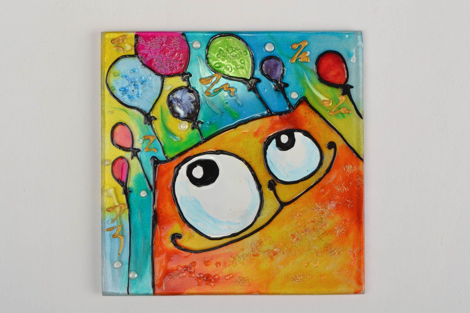 Handmade square glass fridge magnet with bright stained glass painting Kitten photo 4