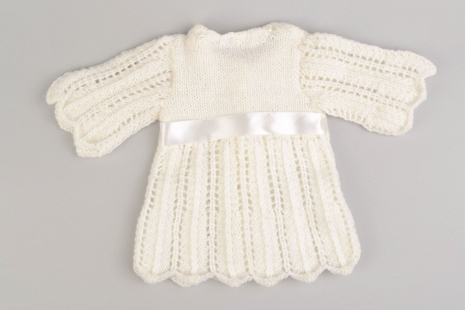 Knitted handmade white baby dress made of acrylic yarns with long sleeves  photo 4