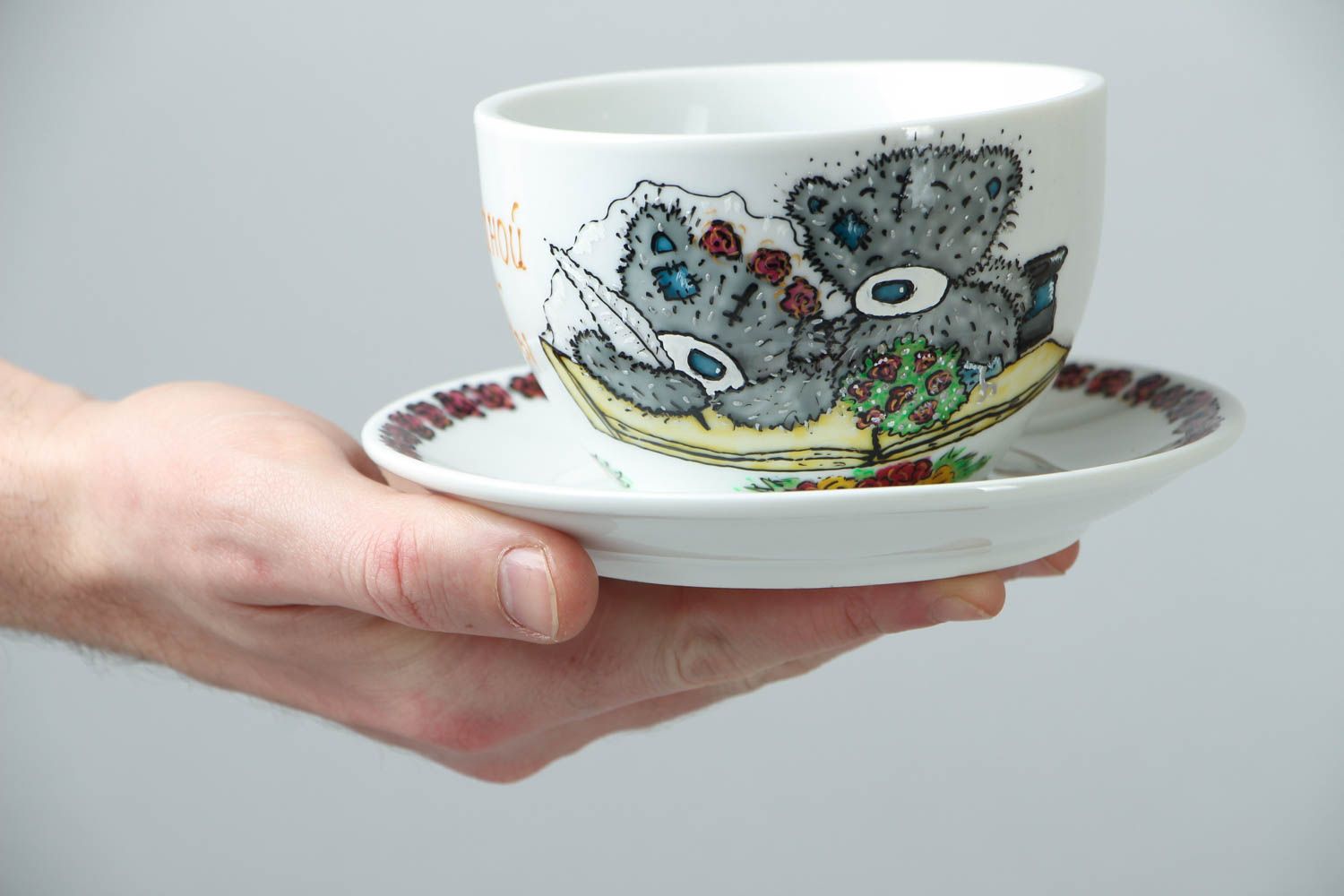 Porcelain white cup with handle, sauce, and teddy bears' pattern photo 4