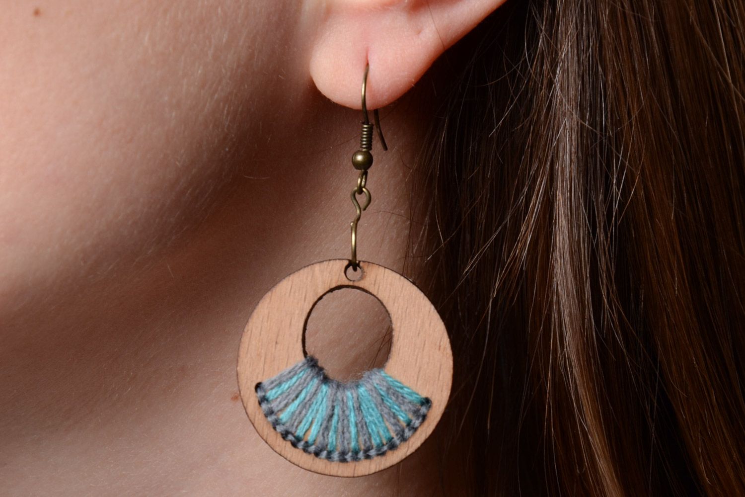 Beautiful designer women's handmade plywood earrings with embroidery photo 5