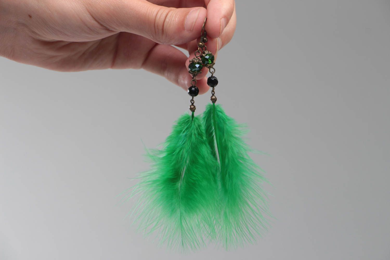 Green long earrings bright designer jewelry accessories made of feathers photo 4