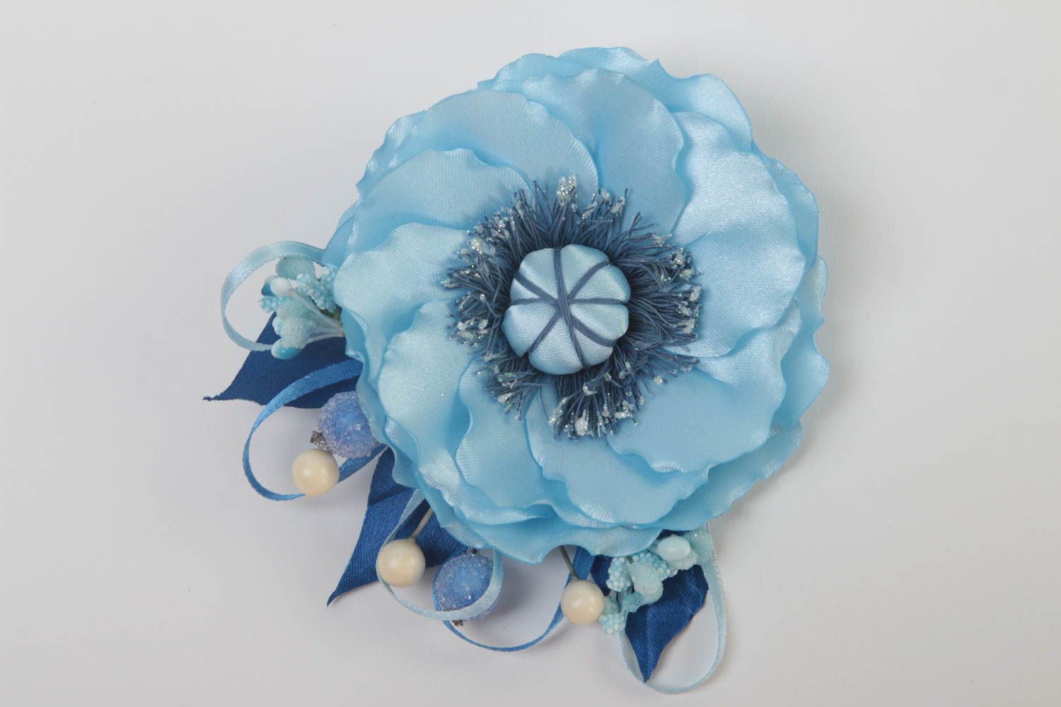 Голубая заколка для волос хенд мейд в виде цветка авторская для девочек подарок фото 2