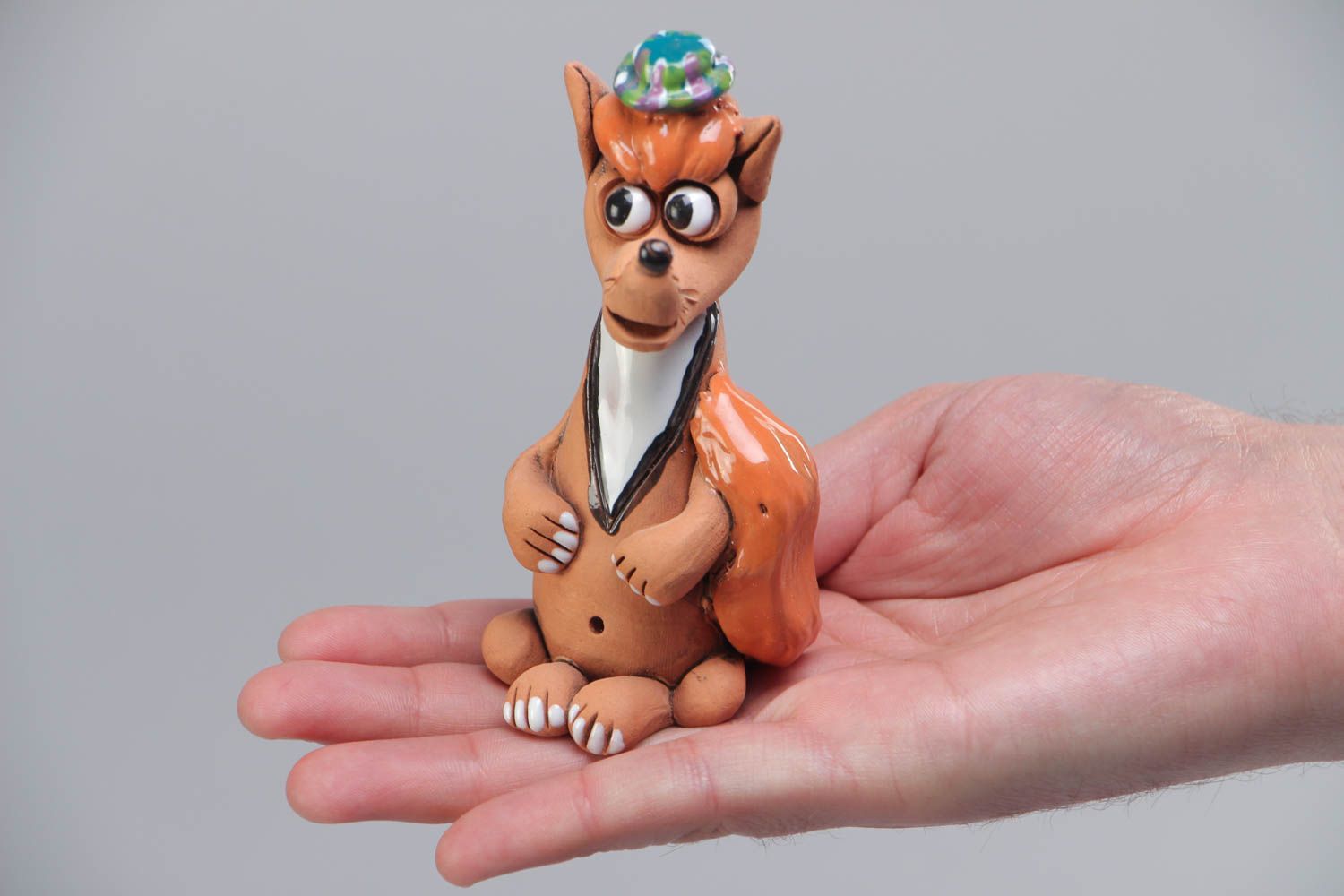 Handmade collectible ceramic miniature figurine of bright fox for interior decor photo 5