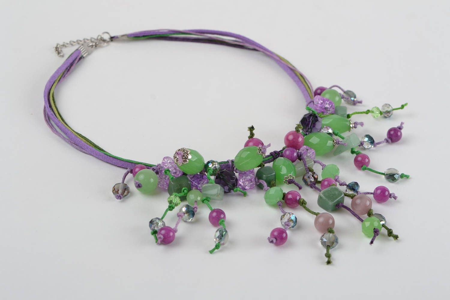 Beautiful handmade leather-based lilac necklace made of natural stones photo 2