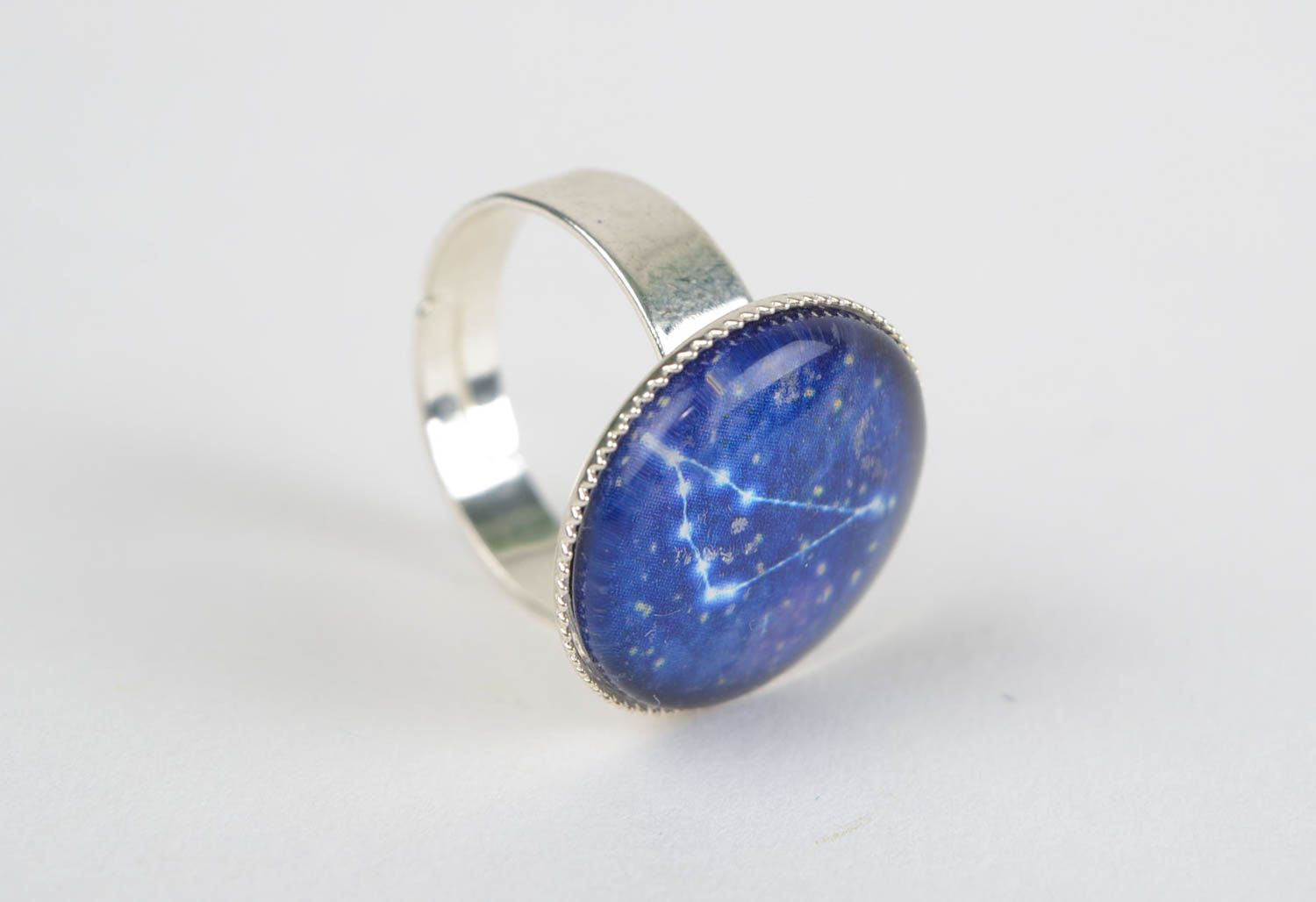 Beautiful handmade blue glass round top zodiac ring on metal basis Capricorn photo 4
