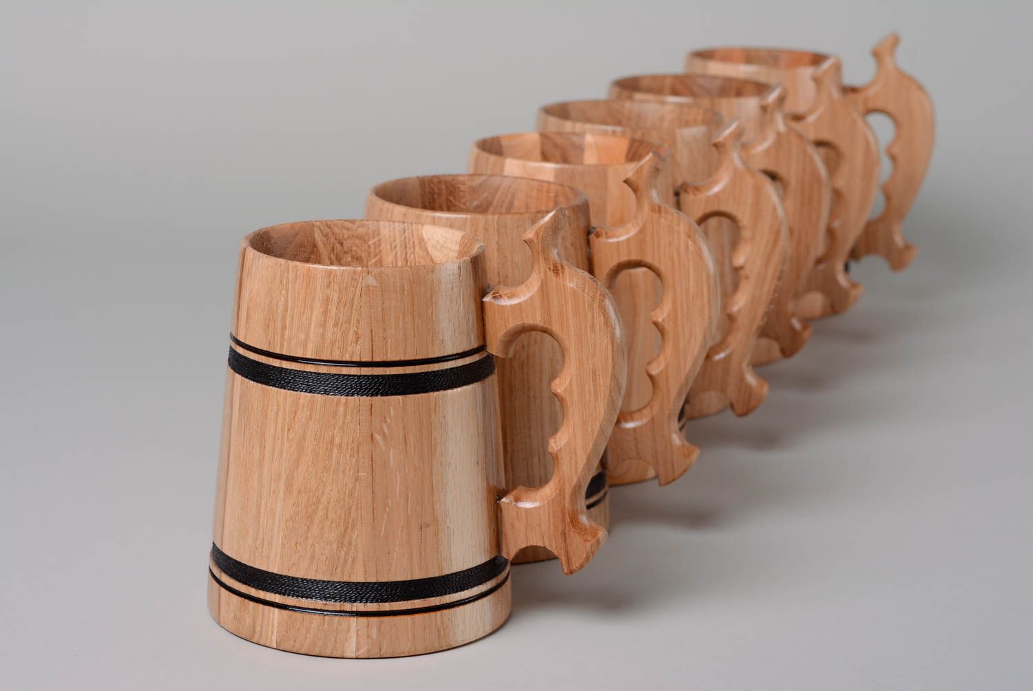 Set of handmade carved wooden beer mugs for interior decoration 6 items photo 2