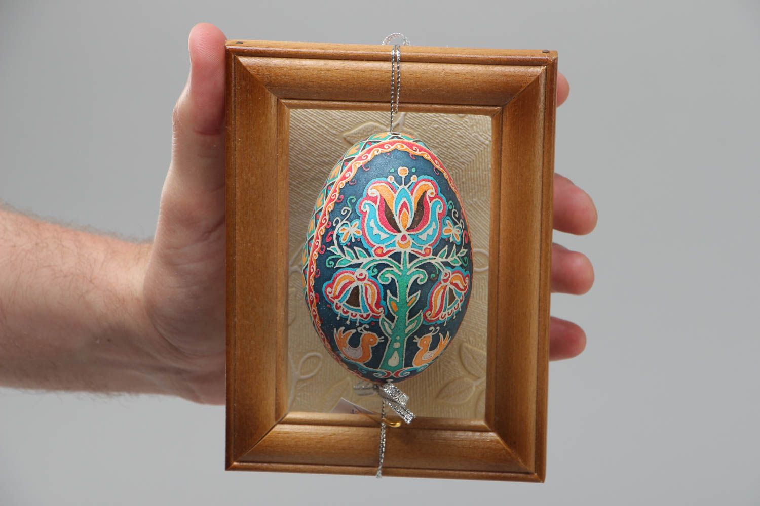 Handmade decorative painted Easter goose egg with wooden frame wall hanging  photo 5