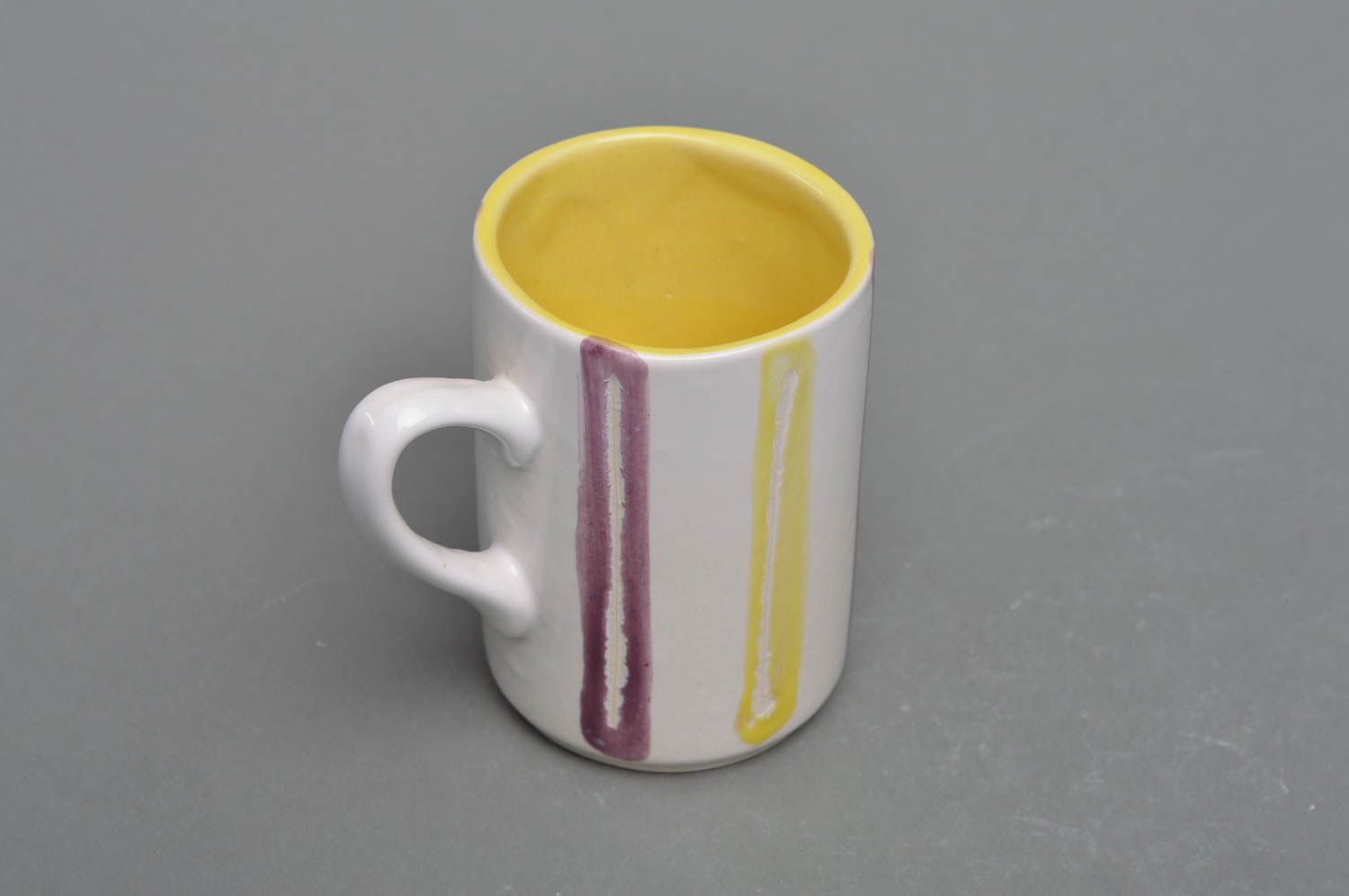 Porcelain ceramic tall coffee mug in white yellow and cherry colors with handle photo 2